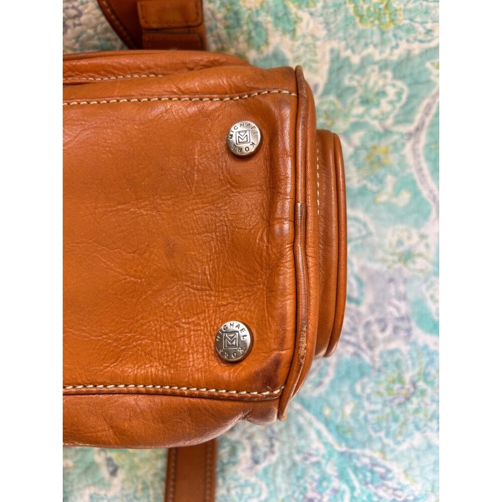 Vintage Michal Kors Cognac Leather Satchel-Buckle Pocket Detail - Picture 8 of 8